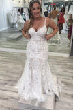 Spaghetti Straps Mermaid V Neck Backless Lace Wedding Dress With Train N2504