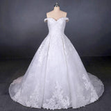 Ball Gown Off Shoulder Appliques Wedding Dress, Puffy Lace Appliqued Bridal Dress N2352