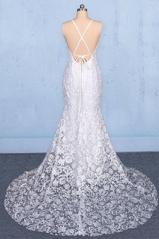 Mermaid Elegant V Neck Lace Wedding Dress Backless Lace Bridal Dress N2348