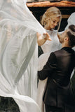A Line Beaded Chiffon Cap Sleeves Boho Wedding Dress, Beach Wedding Dress With Pearls N2066