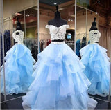 Two Piece Off-the-Shoulder Blue Tulle Long Prom Dress with Lace
