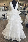 A Line Deep V Neck Layers Lace Wedding Dress, Romantic Sleeveless Bridal Dress N2652