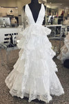 A Line Deep V Neck Layers Lace Wedding Dresses, Romantic Sleeveless Bridal Dresses N2652