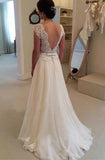 A-line Lace Appliqued Cap Sleeves Ivory Chiffon Bridal Dress,Long Beach Wedding Dress,N233