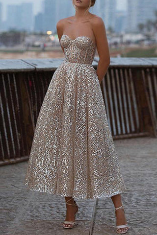 Sparkly Strapless A Line School Party Dress Ankle Length Prom Dress
