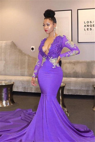 Purple V-Neck Long Sleeves Mermaid Prom Dress With Lace Appliques PD0586