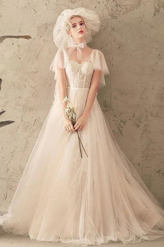 Unique Tulle Lace Long Wedding Dress, Ivory Short Sleeves Lace Up Back Bridal Dress N2585