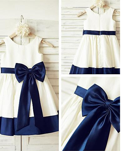 Ivory Flower Girl Dress With Navy Blue Belt,A-line Sleeveless Flower Girl Dress With Bowknot,F008