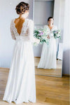 Floor Length 3/4 Sleeves Chiffon Beach Wedding Dress With Lace, Backless Bridal Dress N2016