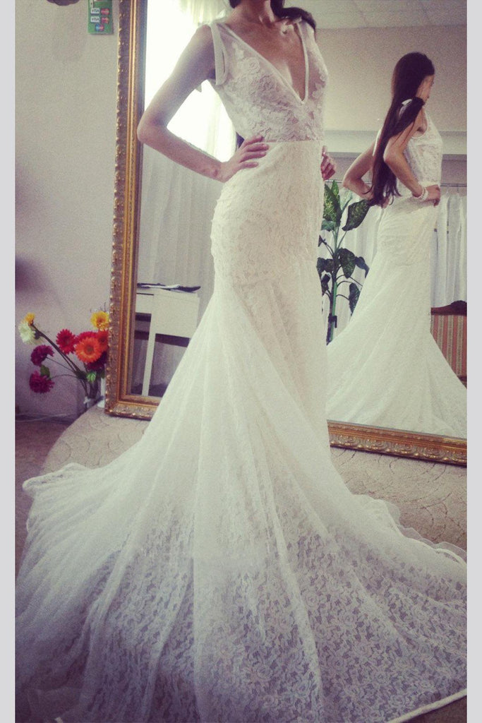 Deep V Neck Sleeveless Mermaid Lace Wedding Gown With Deep V Back Long Lace Bridal Dress N1088