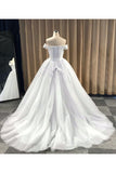 Puffy Off Shoulder Tulle Wedding Dress, Cheap Appliqued Bridal Dress With Train N1173