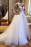 White Tulle Wedding Dresses,Crew Neck Sheer Long Sleeve Lace Accents Bridal Gowns,Beach Wedding Dress,Graduation Dresses,Wedding Guest Prom Gowns,Formal Occasion Dresses,N155