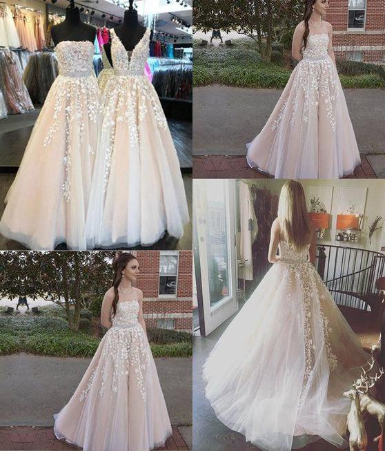 Custom-made Lace Appliques Tulle Long Wedding Dress,Strapless Prom Evening Dress,N246