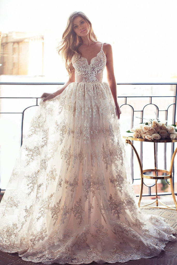 Lace Backless Beach Wedding Dresses Spaghetti Straps Wedding Dress –  Bohogown