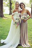 Flowy Off the Shoulder Chiffon Beach Wedding Dress, Simple Long Pleated Bridal Dress N1289