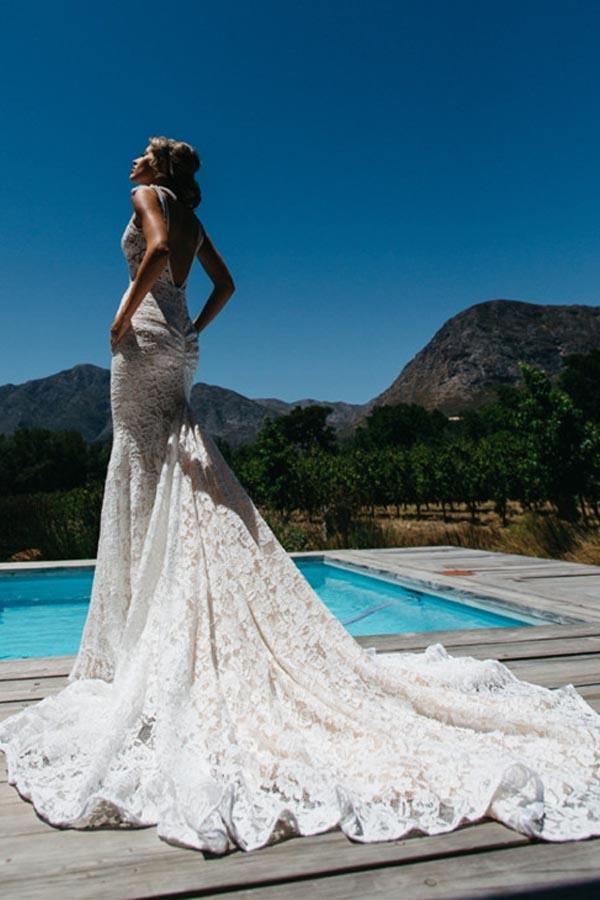 Mermaid Deep V-Neck Beach Wedding Dress,Sleeveless Ruched Lace Bridal Dress,N95