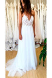 Ivory Backless Spaghetti Straps Tulle Beach Wedding Dress Lace Applique Bridal Dress N2415