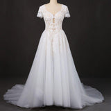 Puffy Short Sleeves Tulle Bridal Dress With Lace Appliques, Long Train Wedding Dress N2294