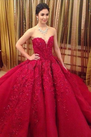 Ball Gown Red Sweetheart Tulle Prom Dresses with Appliques, Puffy Quinceanera Dress N2079