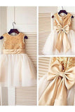 Golden Sequin Cute Tulle Flower Girl Dress With Bow-knot on the Back F067