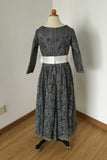 Long Sleeves Charcoal Gray Lace Floor Length Flower Girl Dress With Ivory Sash F030