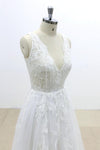 A Line V Neck Lace Appliqued Tulle Wedding Dress With V-Cut Back,Beach Wedding Dress N818