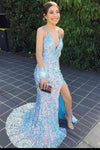 Blue V Neck Mermaid Sequin Sparkle Shiny Prom Dress Long Evening Dress
