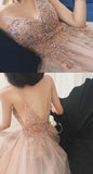 V-neck A-Line Tulle Fashion Prom Dress With Beading Popular Evening Dress