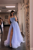 Long Tulle Beaded Formal Evening Dress With Split A Line Prom Dress