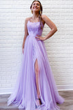Lavender A-Line Tulle Spaghetti Straps Appliques Long Prom Dress With Split