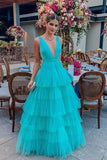 Spa A Line Tiered Deep V-neck Skirt Long Party Gowns Charming Tulle Prom Dress