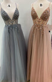 V-neck A-Line Tulle Fashion Prom Dress With Beading Popular Evening Dress