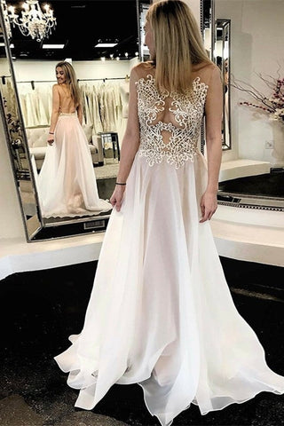 Backless Elegant A-line Ivory Long Prom Dress With Lace Appliques