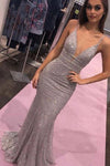 V Neck Spaghetti Straps Glamorous Mermaid Evening Party Dress Silver Sequins Long Prom Dress