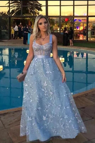 Chic Floor Length Sky Blue Lace A-Line Evening Dress Straps Prom Dress