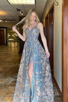 Blue Spaghetti Straps A-Line Lace Long Formal Evening Dress With Split Prom Dress