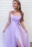 Lavender A-Line Tulle Spaghetti Straps Appliques Long Prom Dress With Split