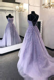 Lavender Applique Tulle Long Evening Dress Formal Gown with Sweep Train Prom Dress