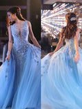 Sky Blue A-Line Scoop Tulle Applique Sleeveless Long Prom Dress