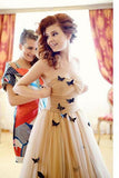 A-line Strapless Floor-length Ruched Tulle Wedding Dresses With Flowers N492