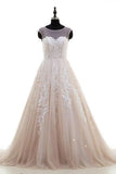 Puffy Lace Appliqued Tulle Open Back Long Beach Wedding Dress N1635