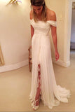 A-Line Off-the-Shoulder Wedding Dress,Long Chiffon Beach Wedding Dress with Lace Split N123