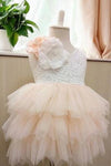 Knee-length Tulle Backless Scoop Sleeveless Tiered Flower Girl Dresses with Flowers,F012