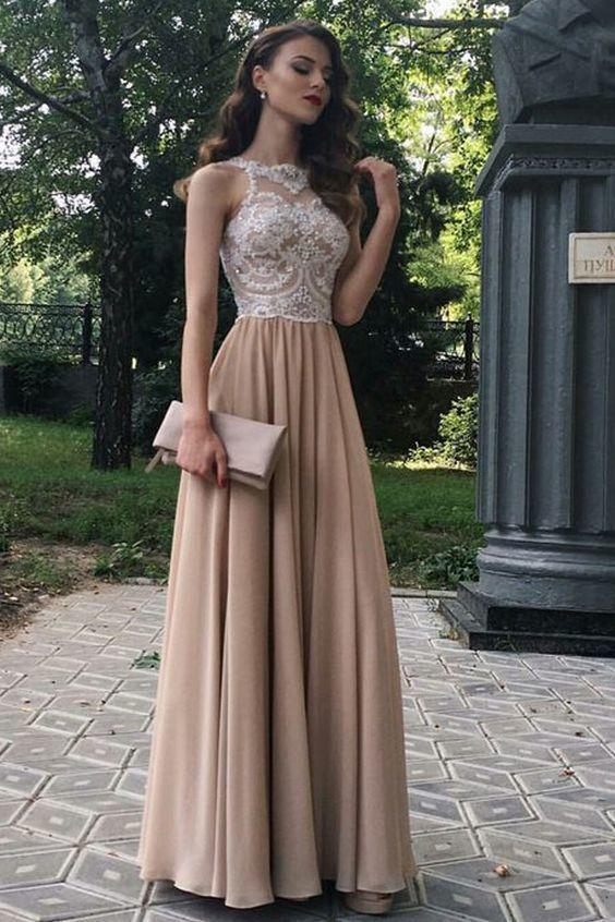 Chiffon A-Line Lace Formal Evening Dress Beaded Long Prom Dress