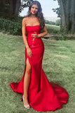 Red Slit Satin Strapless Formal Evening Dress Mermaid Long Prom Dress