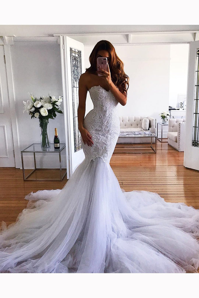 White Mermaid Sweetheart Sweep Train Tulle Lace Appliqued Wedding Dress N1435