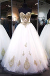 White Strapless Sweetheart Floor-length Ball Gown Bridal Dress with Gold Lace Appliques,N430