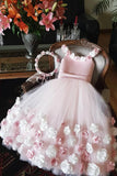 Cute Tulle Pink Flower Girl Dress With 3D Flowers, Puffy Long Flower Girl Dress with Flower F076