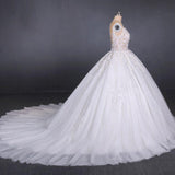 Ball Gown Sheer Neck Sleeveless White Wedding Dress Lace Appliqued Bridal Dress N2297