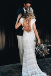 Boho Mermaid Lace Beach Wedding Dress Cap Sleeve Bohemian Bridal Gown N1281